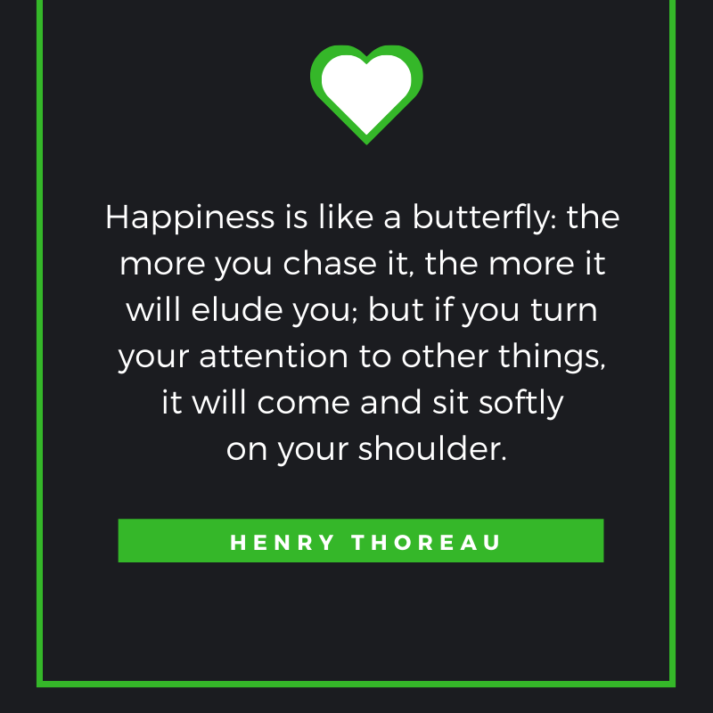 Happiness is like a butterfly: the more you chase it, the more it will elude you; but if you turn your attention to other things, it will come and sit softly on your shoulder.
– Henry Thoreau
